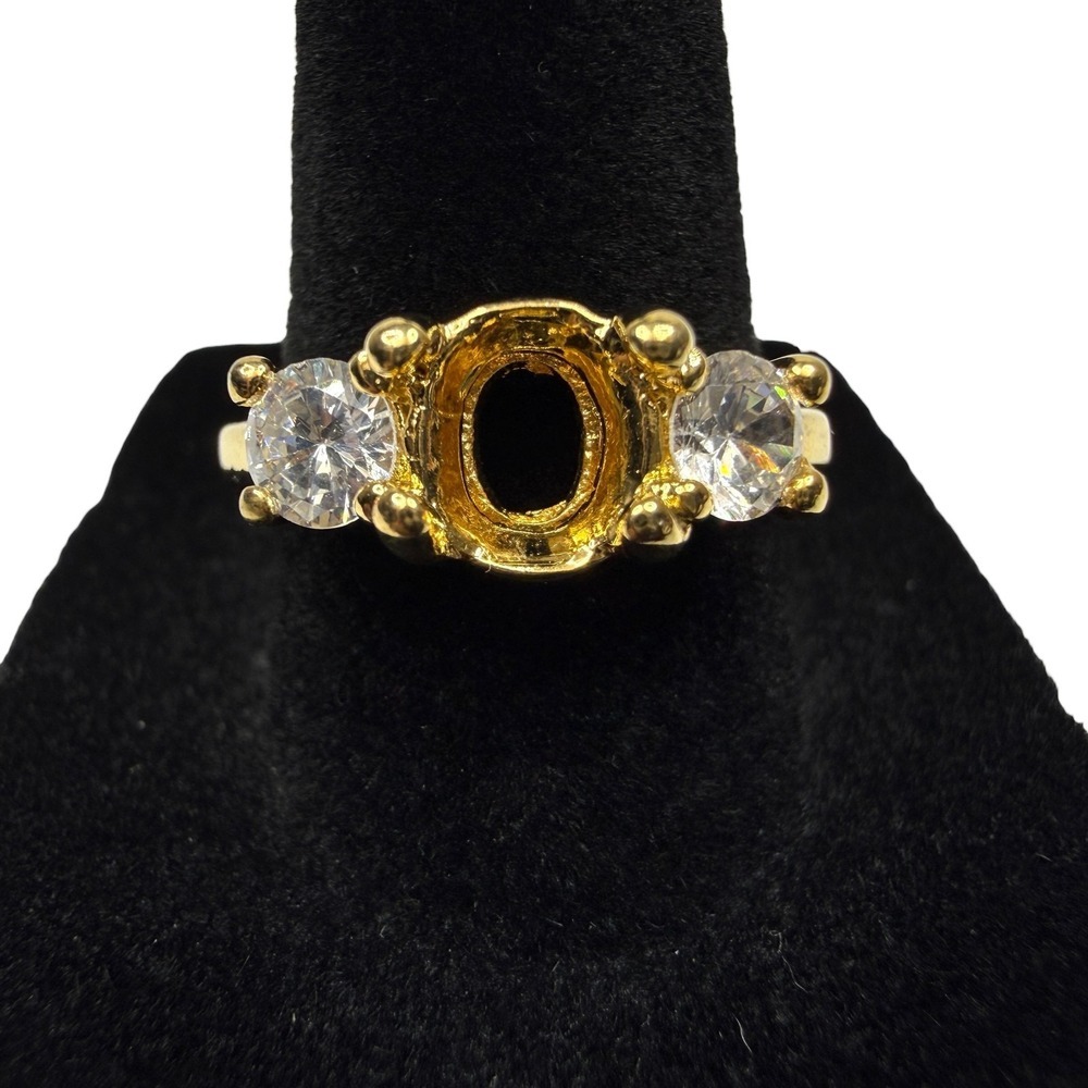 Gold Tone Three Stone Ring Setting Mount with Glass Side Stones Oval Center Sz 8